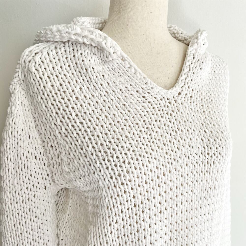T by ALEXANDER WANG White Cotton Chunky Open-Knit V-Neck Hooded Sweater Size M